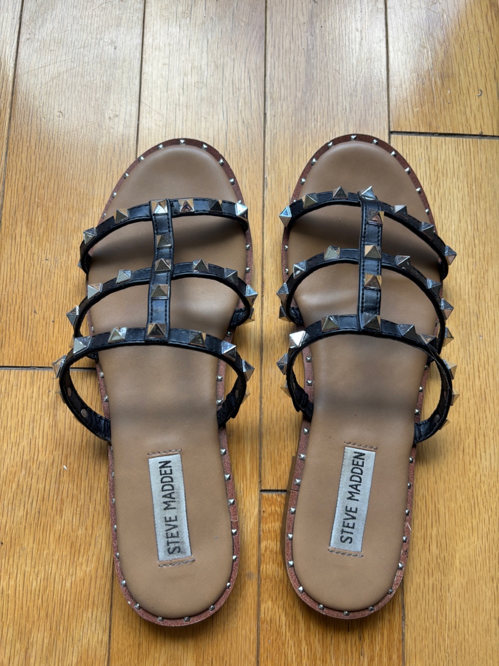 Steve Madden Black Pyramid-Stud Triple Strap Sandals